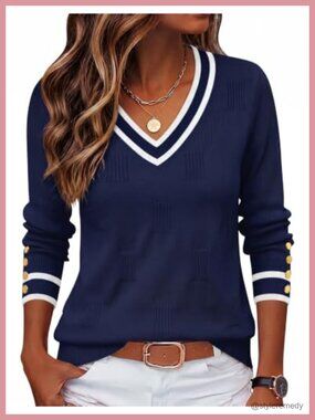 Women's V-Neck Sweater Long Sleeve Lightweight Ribbed Button Cuff Pullover